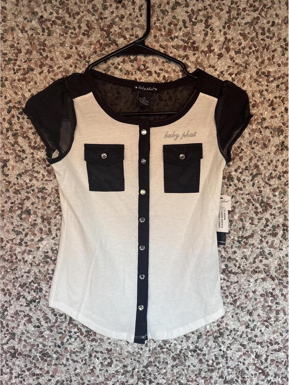 NWT Baby Phat Girls Medium Y2K Rhinestone Snap Top Black White Mesh Sleeve